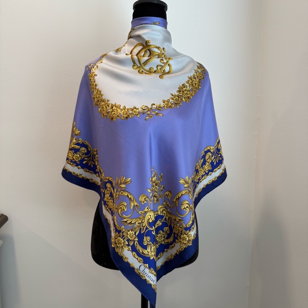 Authentic Christian Dior Blue and Gold Floral Scarf